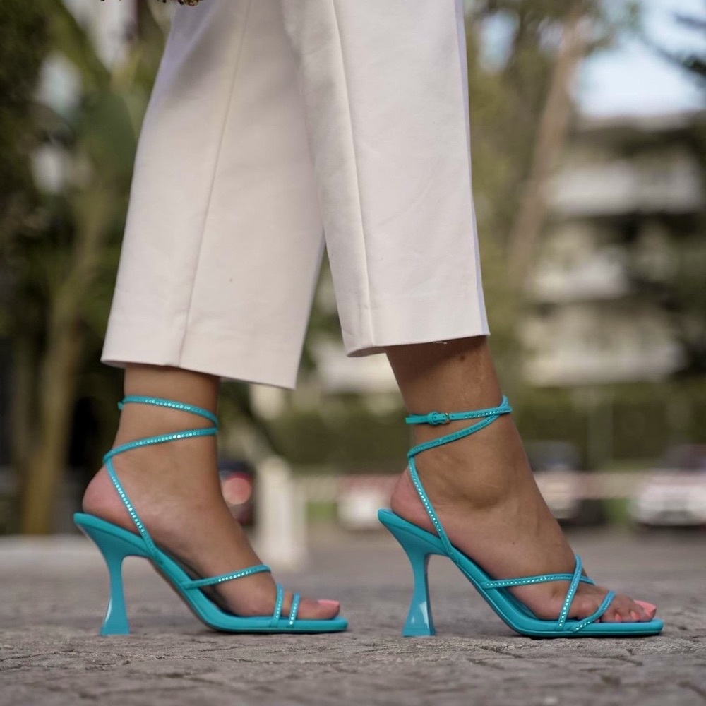 Zara Blue High Heel Rhinestone Sandals - Picture 6 of 17